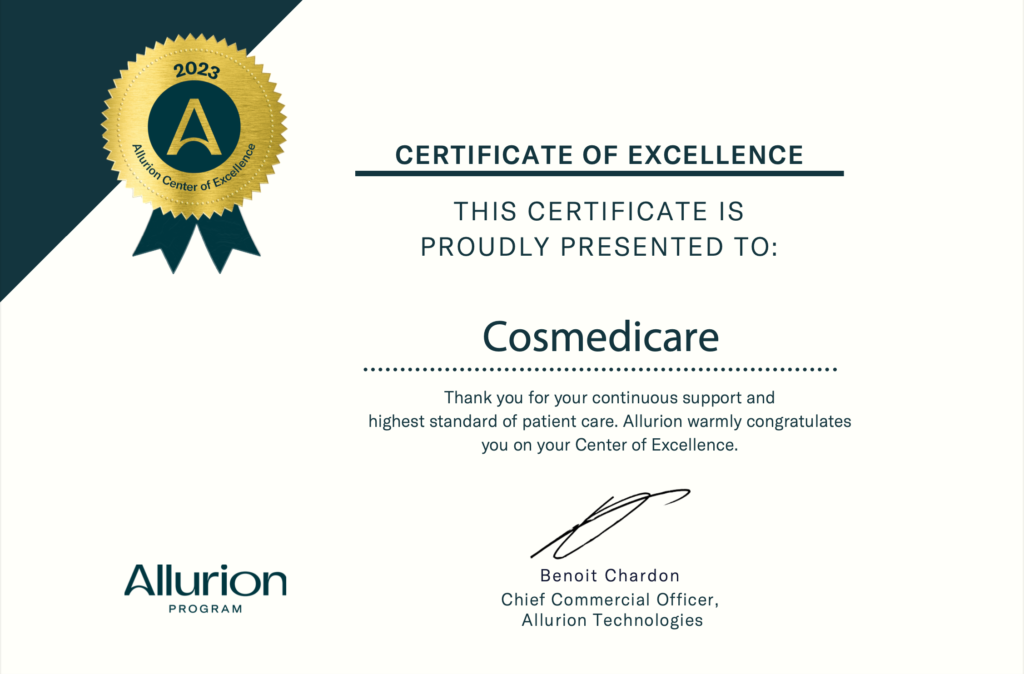 Allurion Certificate of excellence to Cosmedicare for continuous and highest standard of patient care